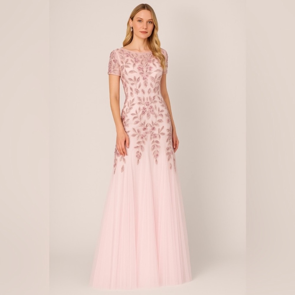 Adrianna Papell Blush Sequin Floral Mesh Gown Size 10 MOB/Bridesmaid